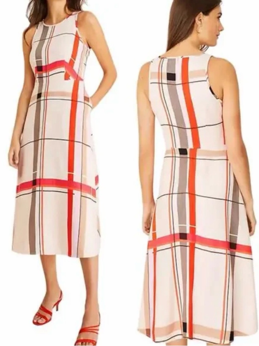 Ann Taylor Cream Midi Dress with Red and Tan Plaid